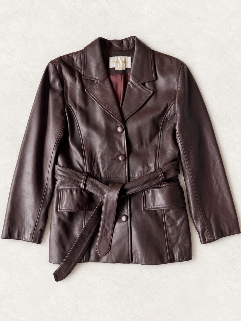 VTG Y2K 90s Margaret Godfrey Woman Brown Leather Tie Waist Jacket US8 Classic